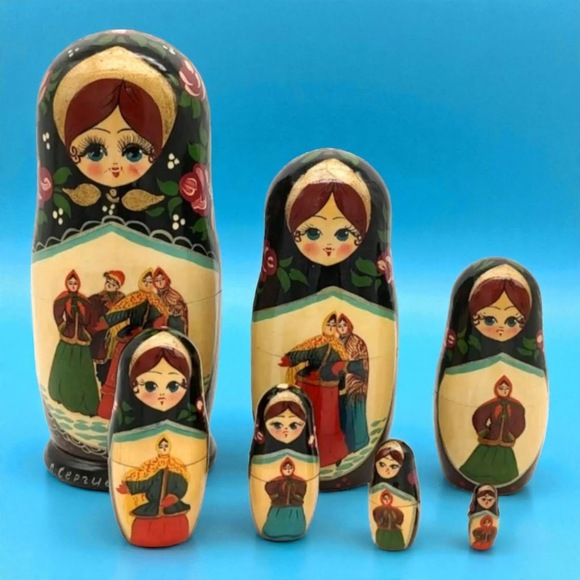 Ceprueb Nocag 8" Painted Russian Folk Art 7 Pc Vintage Matryoshka Nesting Dolls - Picture 1 of 12